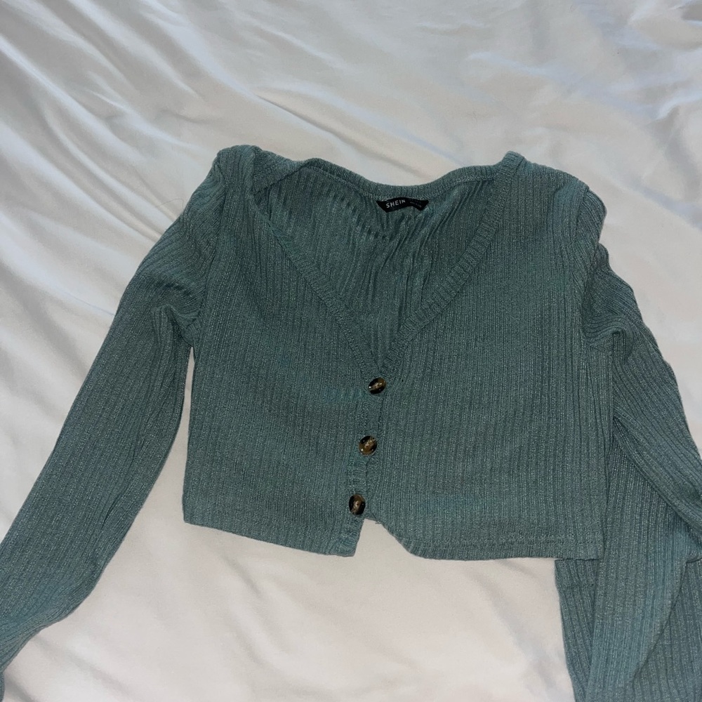 SHEIN Teal Ribbed Crop Top with Buttons
